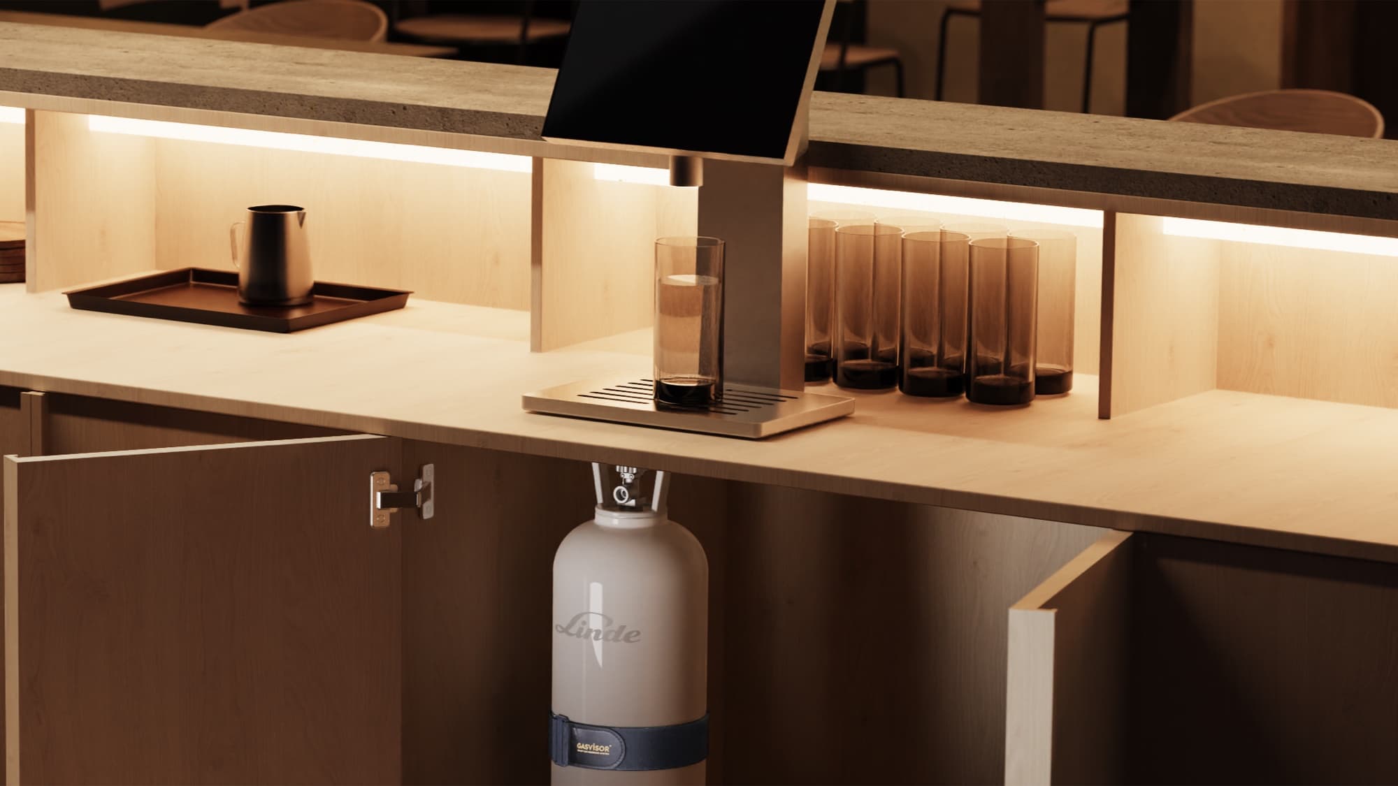 White office kitchen with a monitored CO₂ cylinder