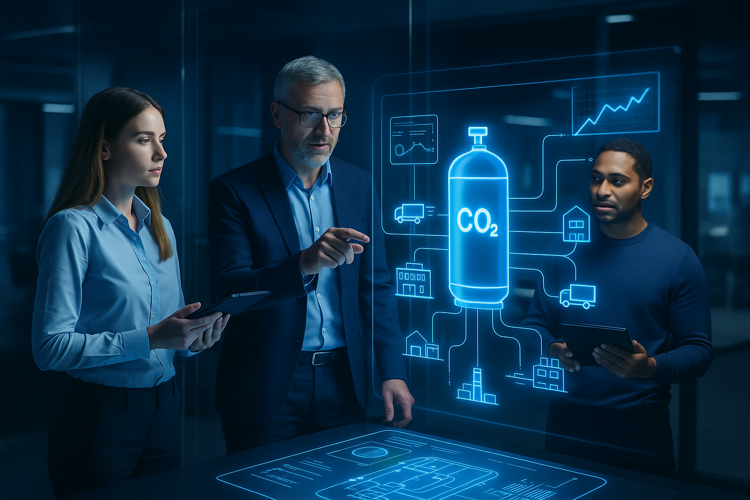 Team collaboration with CO₂ logistics technology visualization
